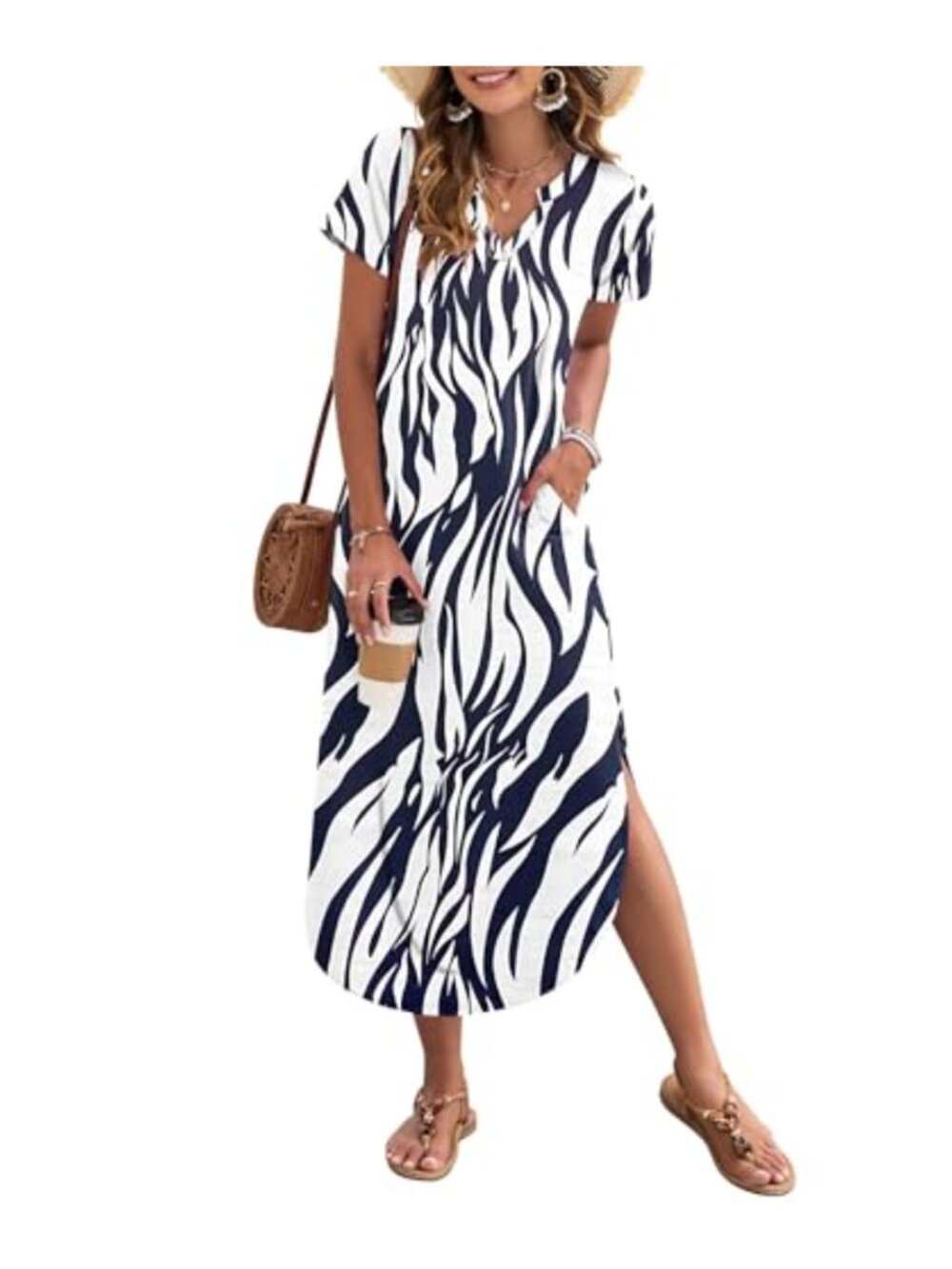 Women's Floral Maxi Dress Short Sleeve V-Neck Sundress with Pockets